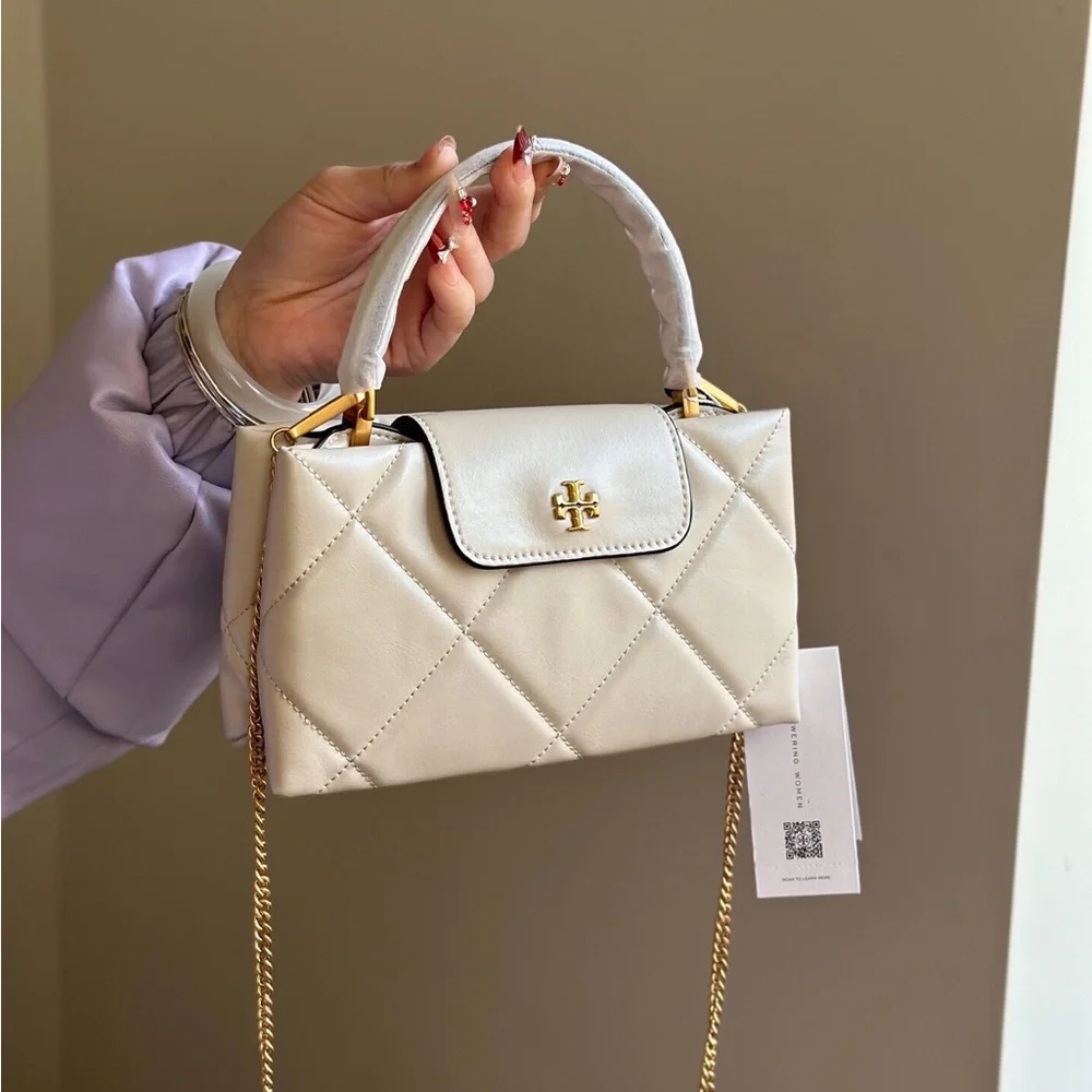 Tory Burch Quilted Mini Top-Handle Satchel in Cream with Gold Hardware